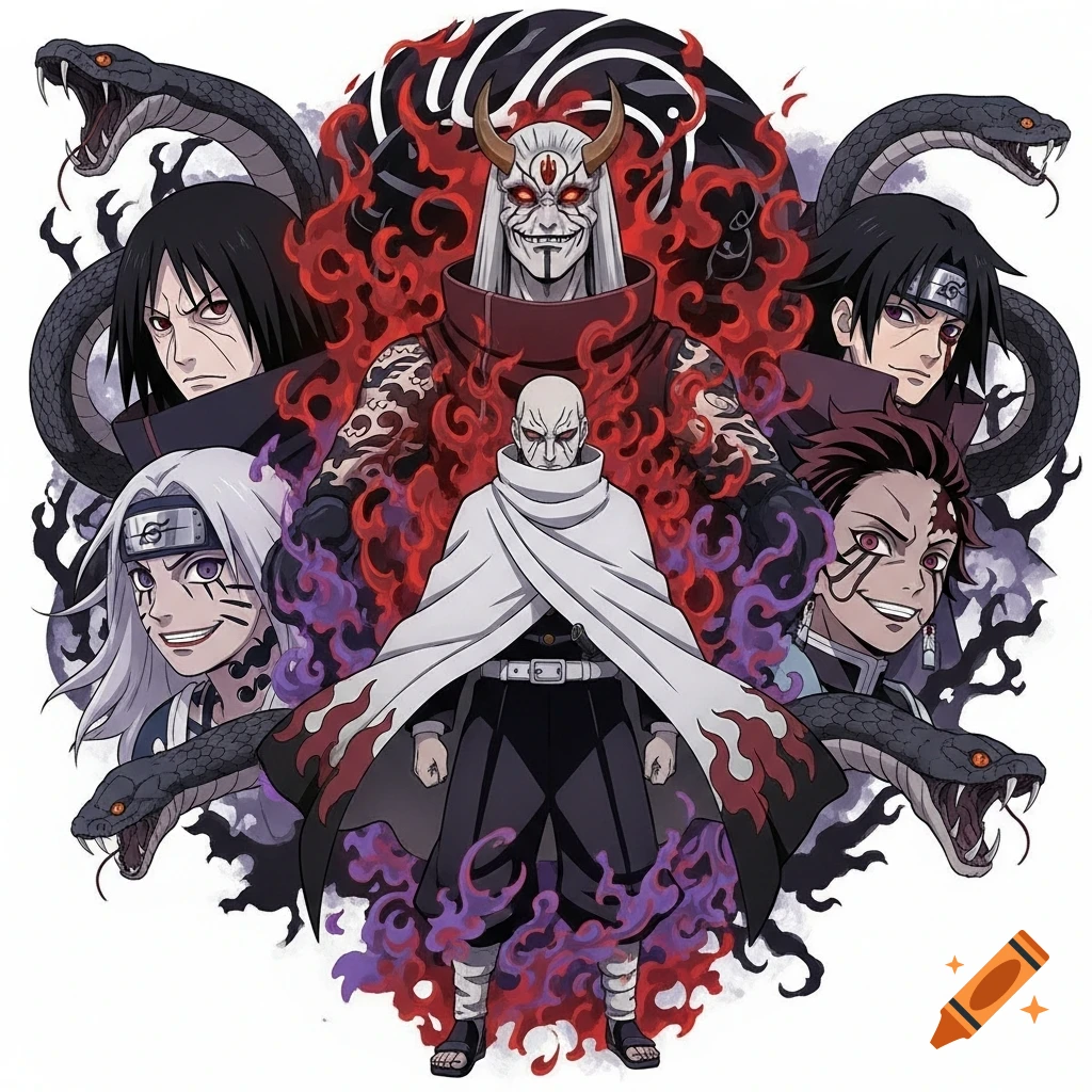 Several anime villains, including a central figure in a white cloak, surrounded by red flames, purple smoke, and black snakes in a graphic, tattoo-like style.