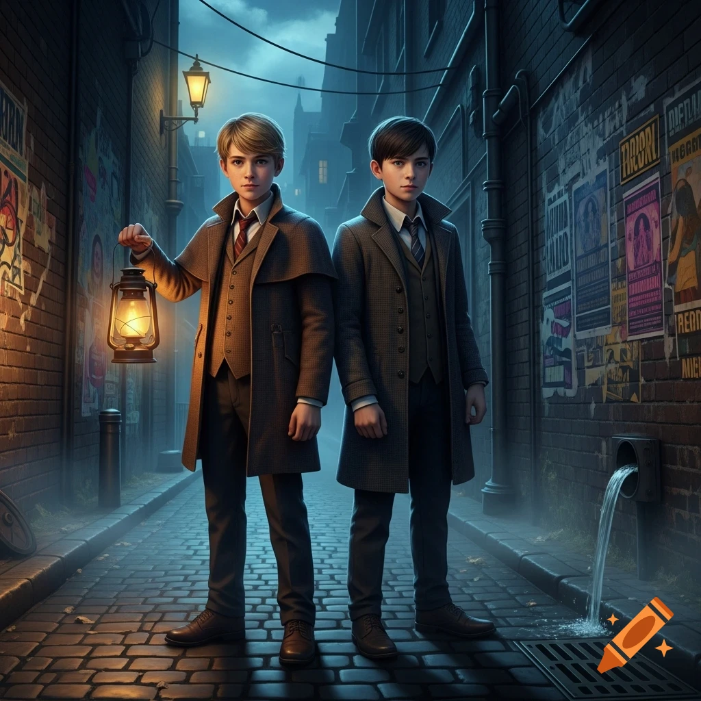 Two young boys in detective coats stand in a dark cobblestone alley, one holding a lit lantern.