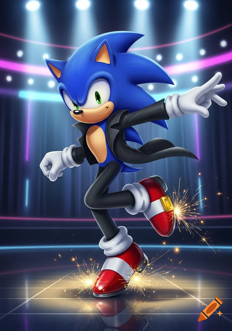 Sonic the Hedgehog tap dancing in a black jacket, white gloves, and red shoes on a stage with neon lights.