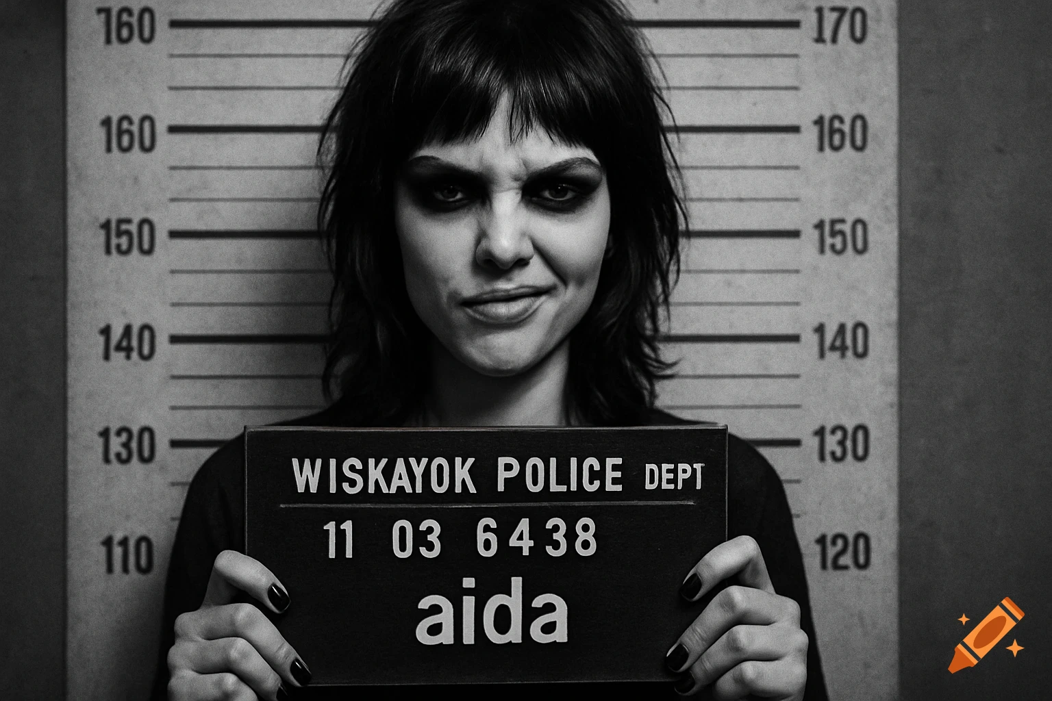 A black and white hyperrealistic police mugshot-style portrait of a young woman with a dark shag haircut and heavy gothic smokey eye makeup, smirking sarcastically while holding a police booking board with text and numbers. A height chart is in the background.