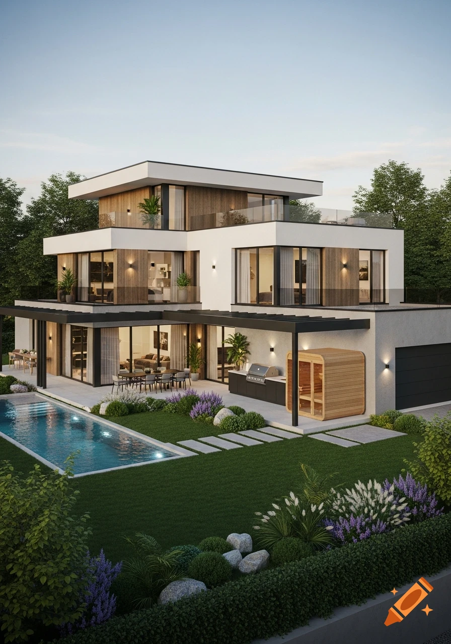 A photorealistic image of a modern, multi-story luxury villa with a swimming pool, landscaped garden, outdoor kitchen, and sauna.