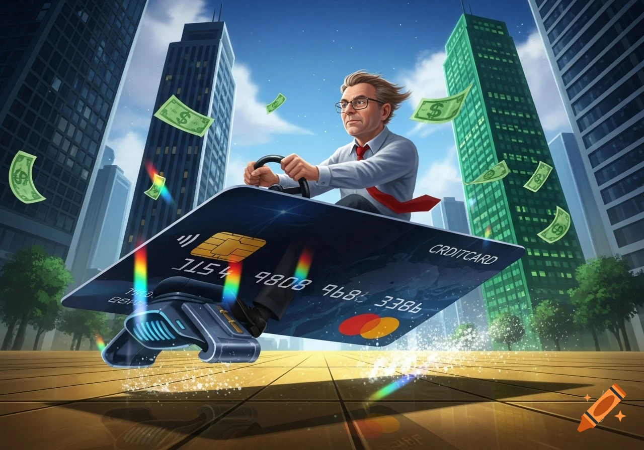 A business man in a city rides a giant flying credit card with money floating around.