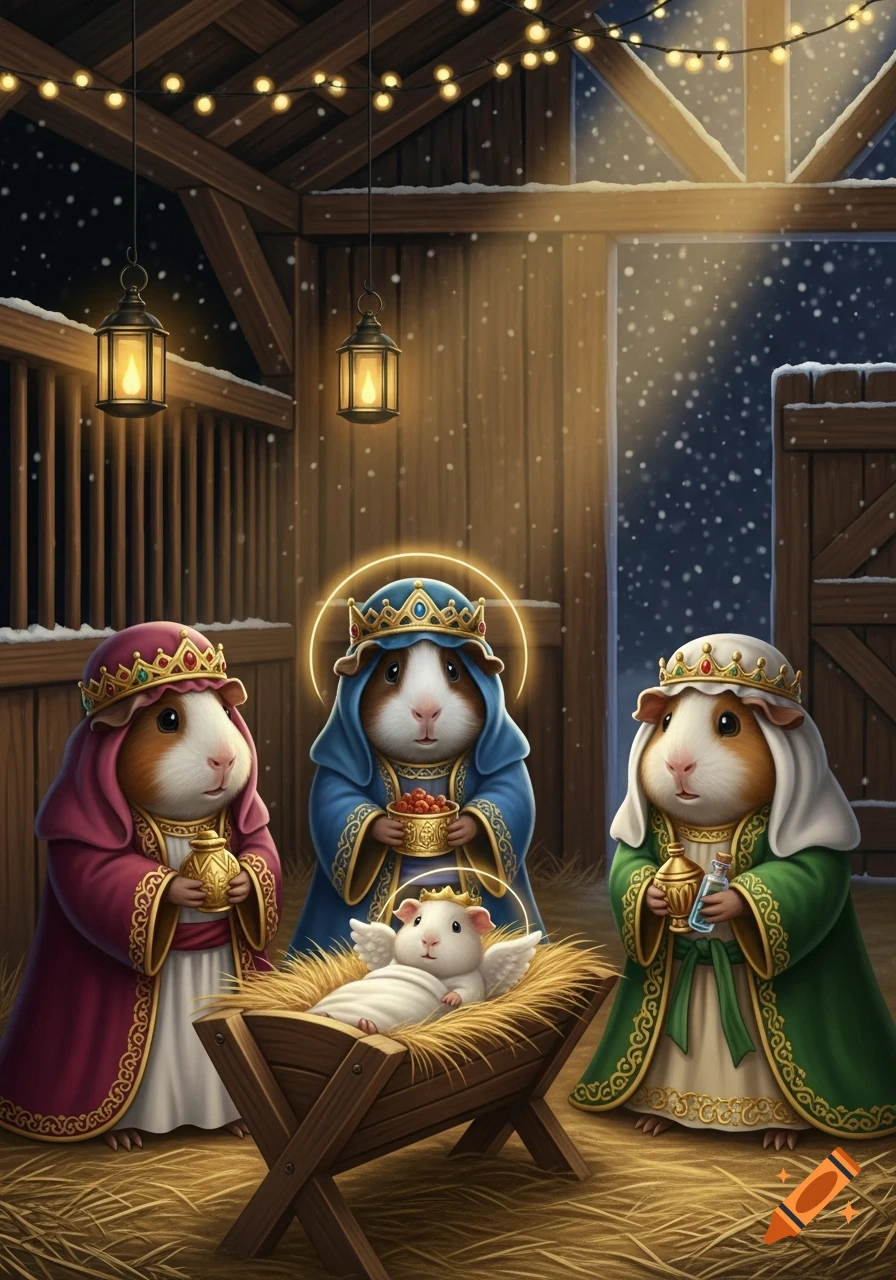 Three guinea pigs dressed as wise men present gifts to a baby guinea pig in a manger in a stable.