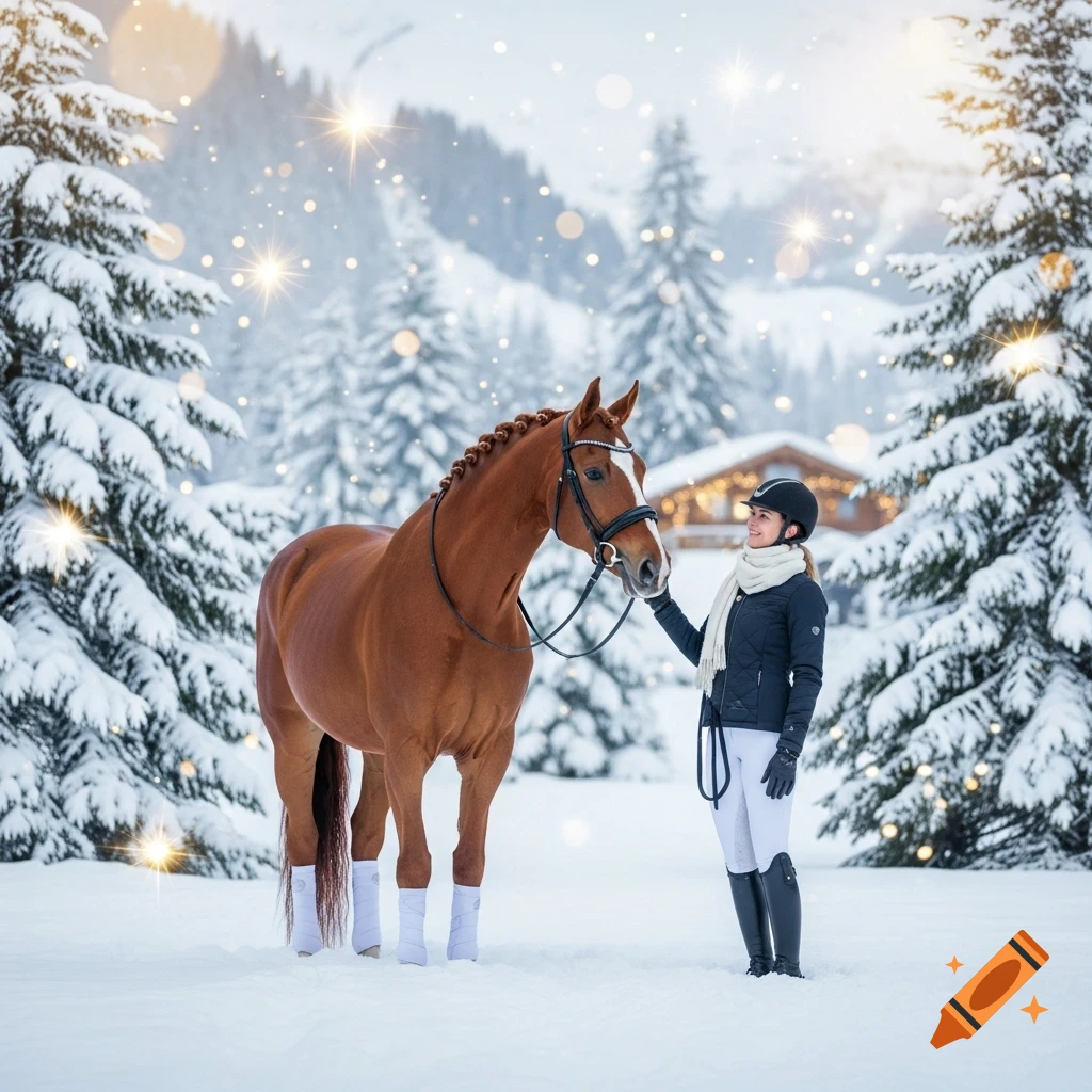 A woman in winter riding gear gently touches a brown horse in a snowy mountain landscape with fir trees and festive lights. Photorealistic.