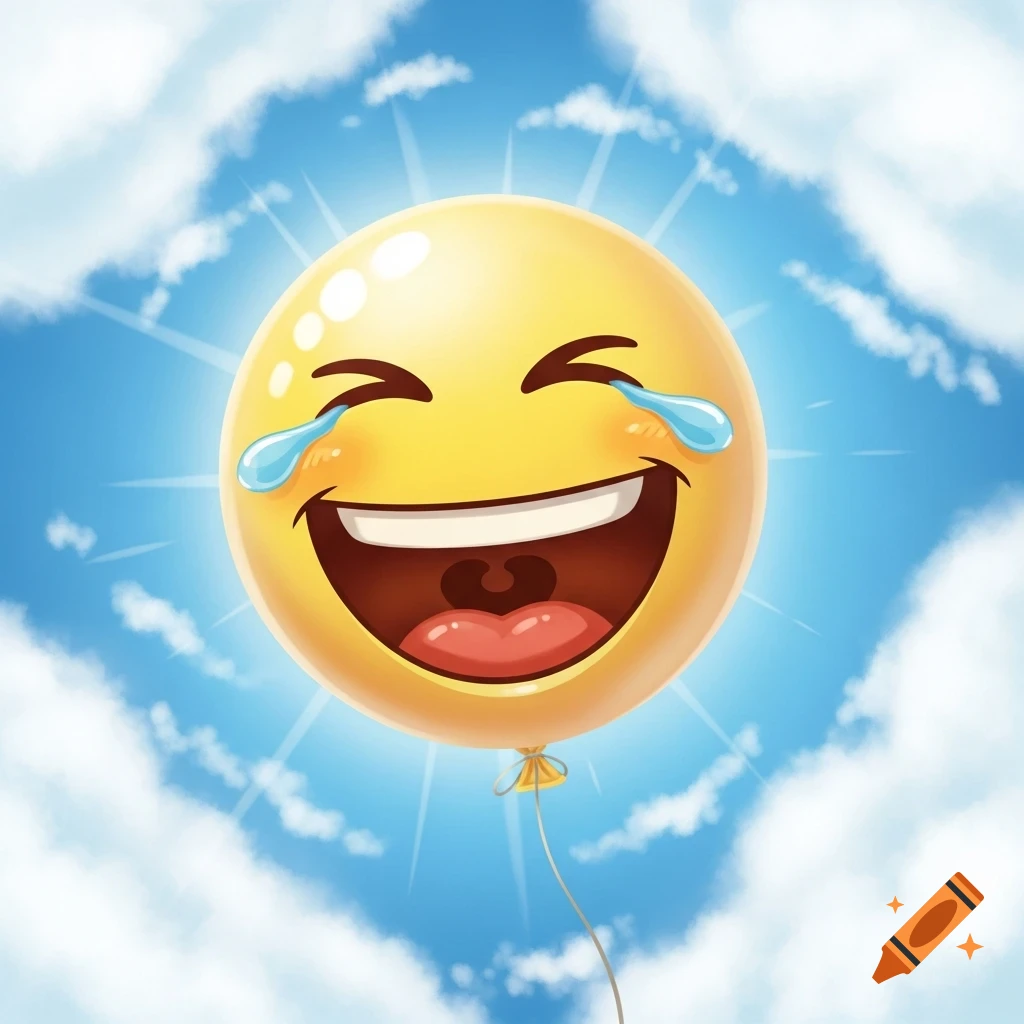 A bright yellow laughing emoji balloon with tears of joy floats against a blue sky with soft white clouds.