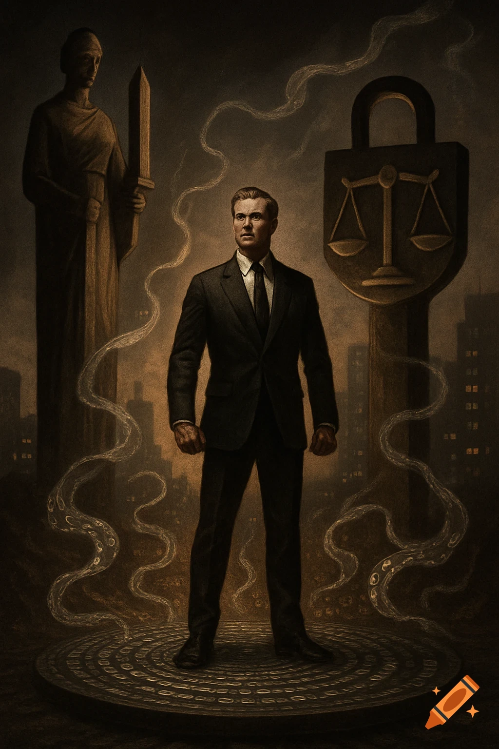 A man in a dark suit stands between a sword-wielding statue and a lock with scales of justice, with swirling tendrils around him.