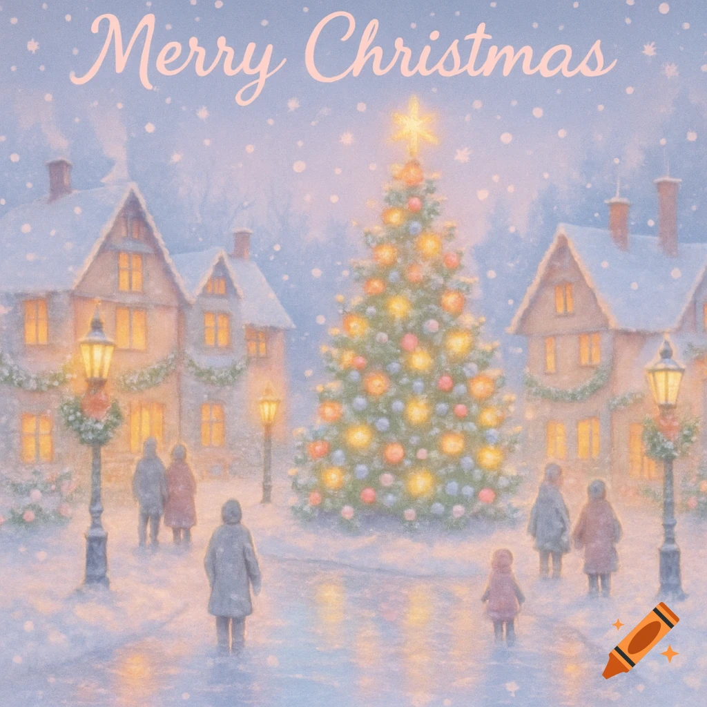 A soft, painterly illustration of a snowy Christmas village with a glowing tree, houses, people, and 'Merry Christmas' text.
