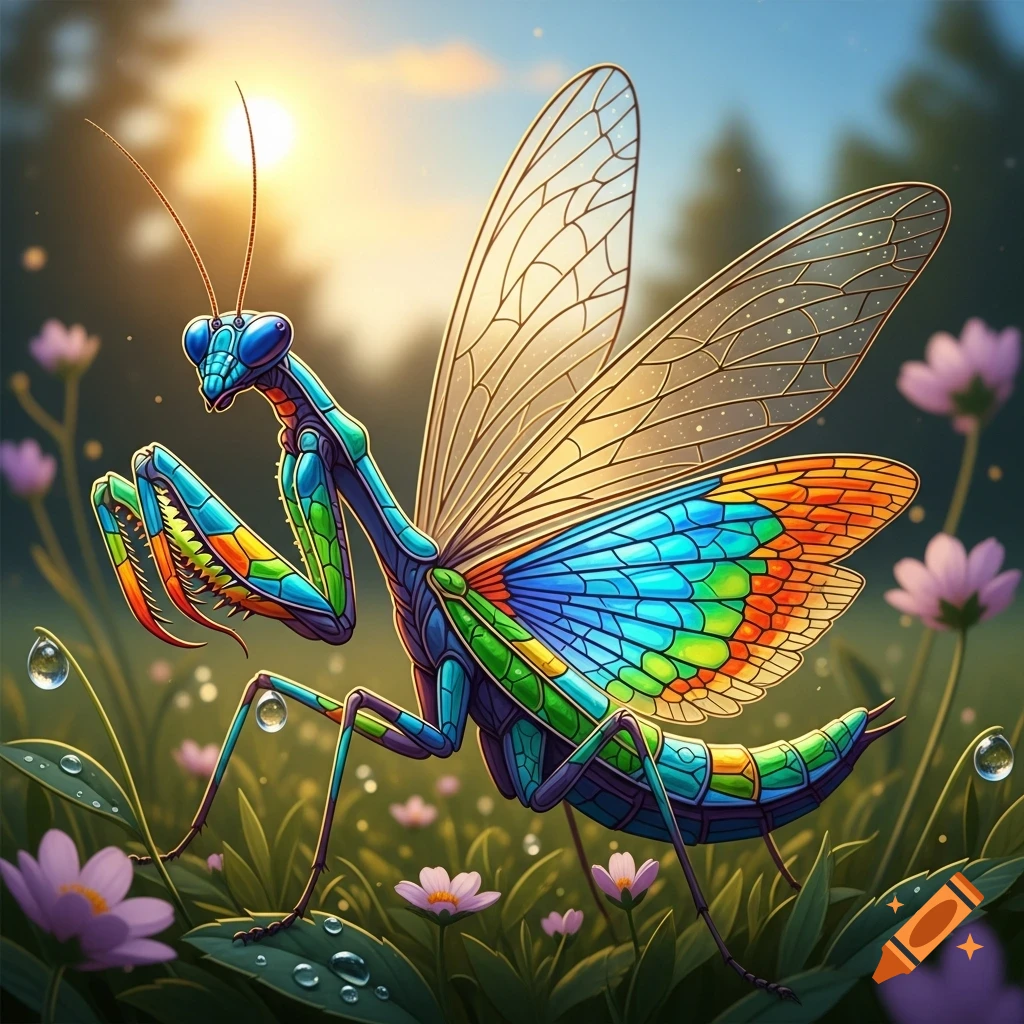 A vibrant stained-glass praying mantis with blue, green, and orange wings sits in a lush field with purple flowers at sunset.
