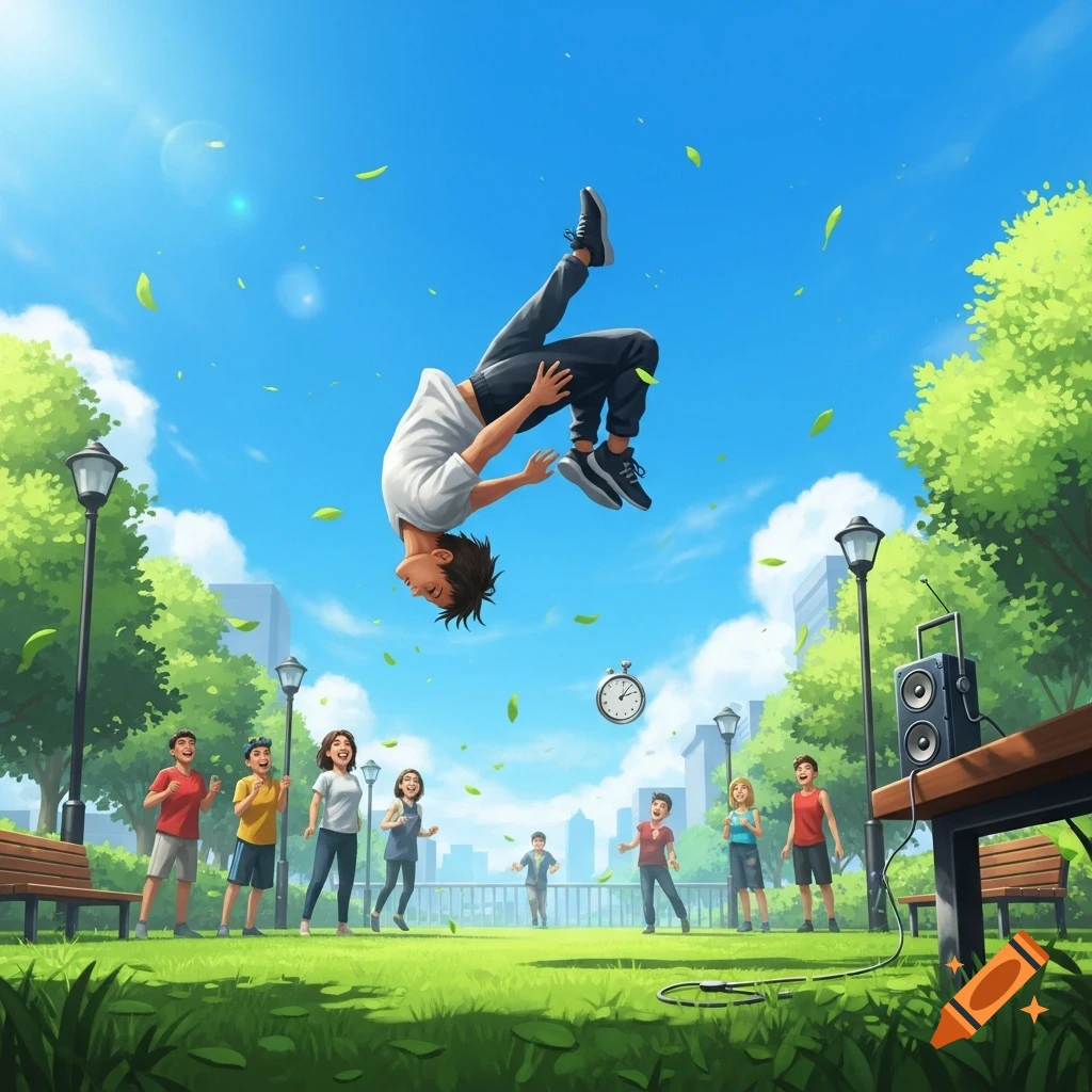 An illustrated scene of a person mid-air doing a backflip in a sunny park, with other people and trees around.