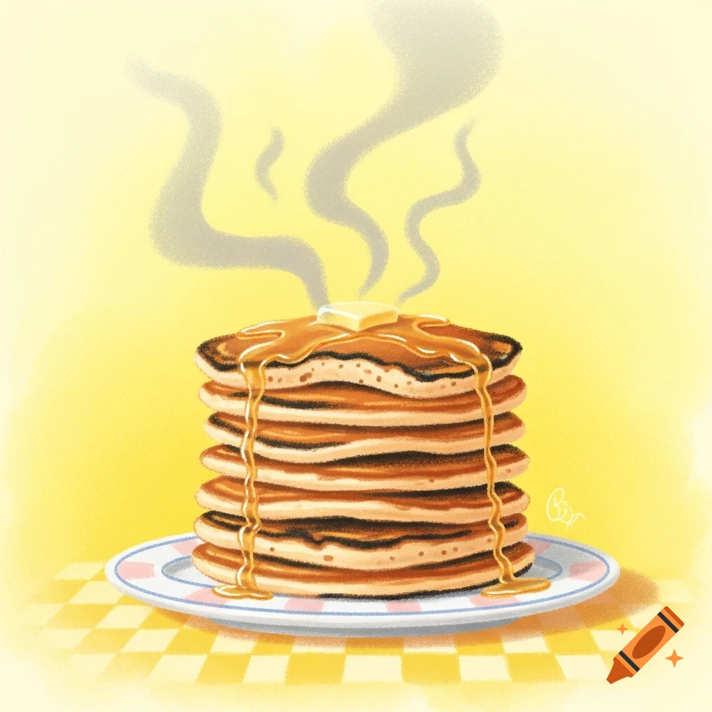 A pastel illustration of a stack of steaming, slightly burnt pancakes with syrup and butter on a plate, against a yellow background.