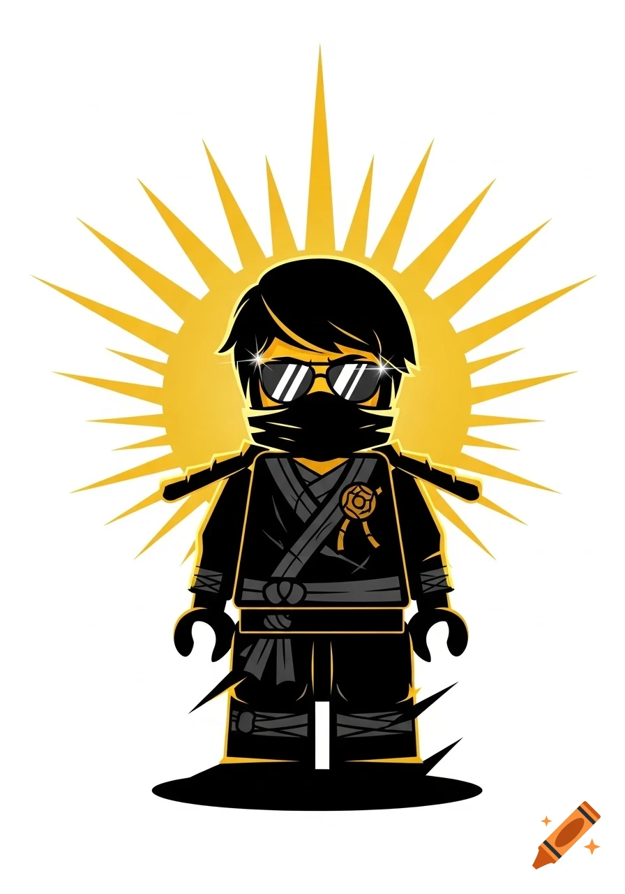 Cartoon illustration of Lego Ninjago's Lloyd wearing sunglasses with a proud stance and a bright yellow sunburst background.