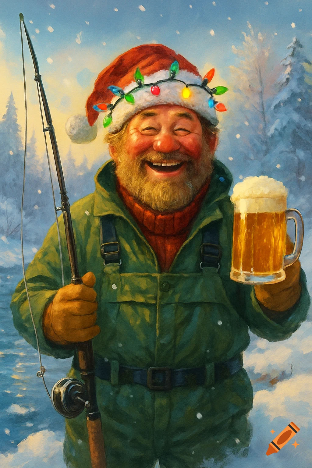 A joyful, bearded man in a Santa hat with Christmas lights, holding a fishing rod and beer mug in a snowy winter scene, painterly style.