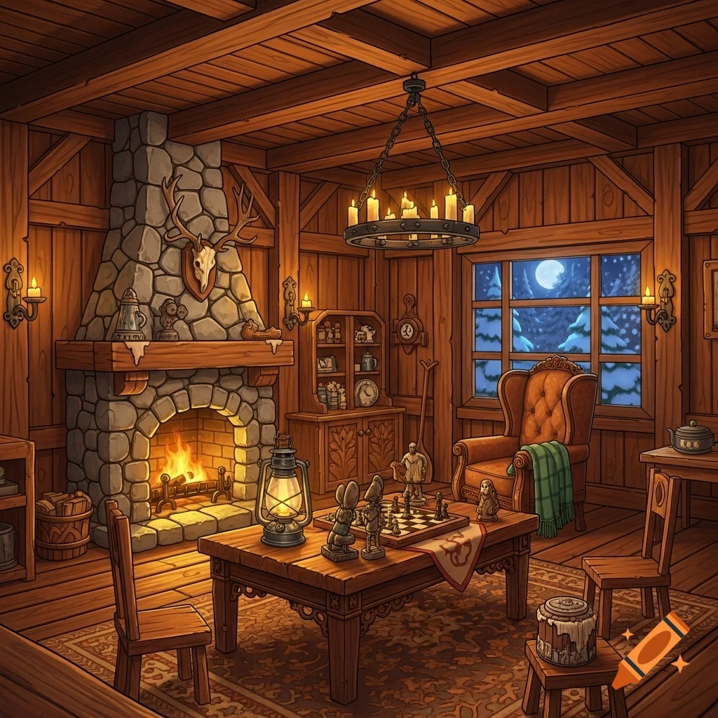 A cozy, detailed game art illustration of a rustic wooden cabin interior with a lit fireplace, chess set, and snowy window view.