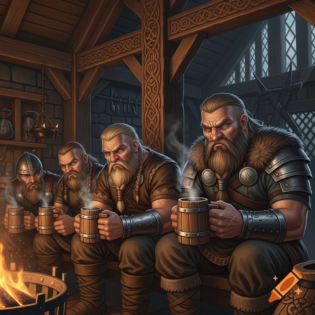 Four grumpy, bearded Vikings drink from steaming mugs by a fire in a wooden hall. Illustration.