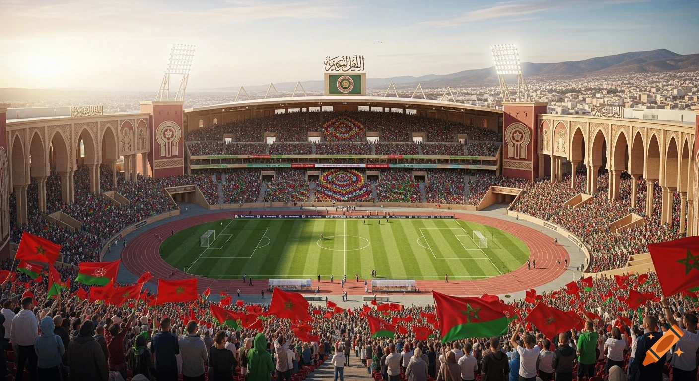 A modern Moroccan football stadium filled with fans waving red flags, showcasing traditional Amazigh and Arabic architecture under a bright sky.