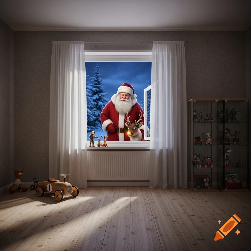 Photorealistic Santa Claus and Rudolph peeking into a cozy room through a window on a snowy night, with a toy car on the floor.