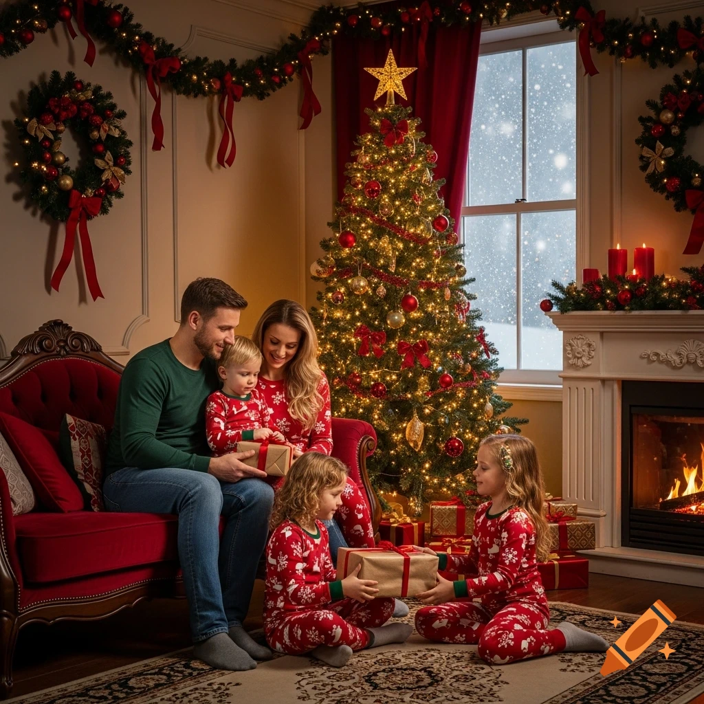 A family in red pajamas opening Christmas gifts by a decorated tree and fireplace, with snow falling outside.