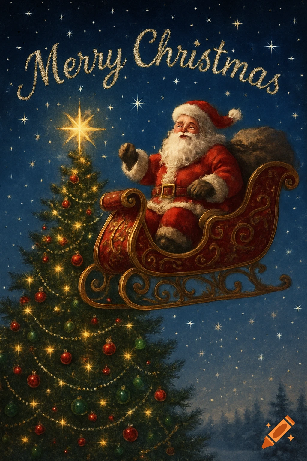 Santa Claus in a sleigh flying over a decorated Christmas tree under a starry sky with 'Merry Christmas' text.