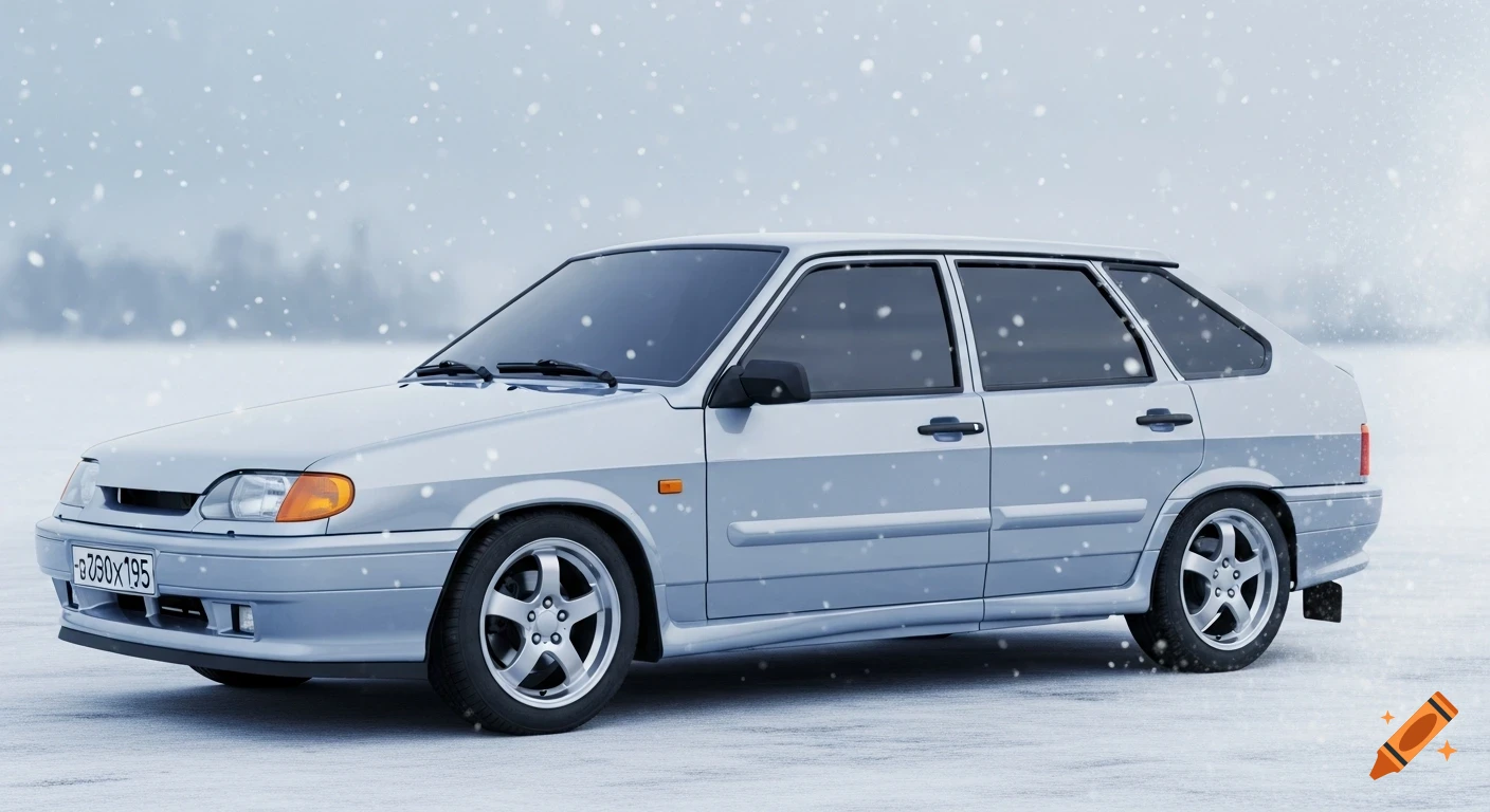 A light blue VAZ 21099 car with tinted windows and Vossen wheels parked in a snowy landscape with falling snow.