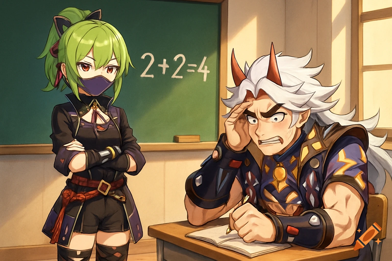 Kuki Shinobu stands with arms crossed while Arataki Itto looks flustered at a desk in a classroom, with '2+2=4' on the blackboard.