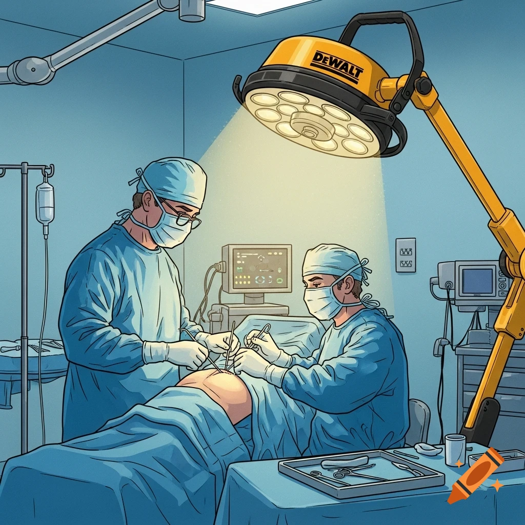 Two cartoon surgeons in an operating room perform surgery on a patient, lit by a yellow DeWalt surgical lamp.