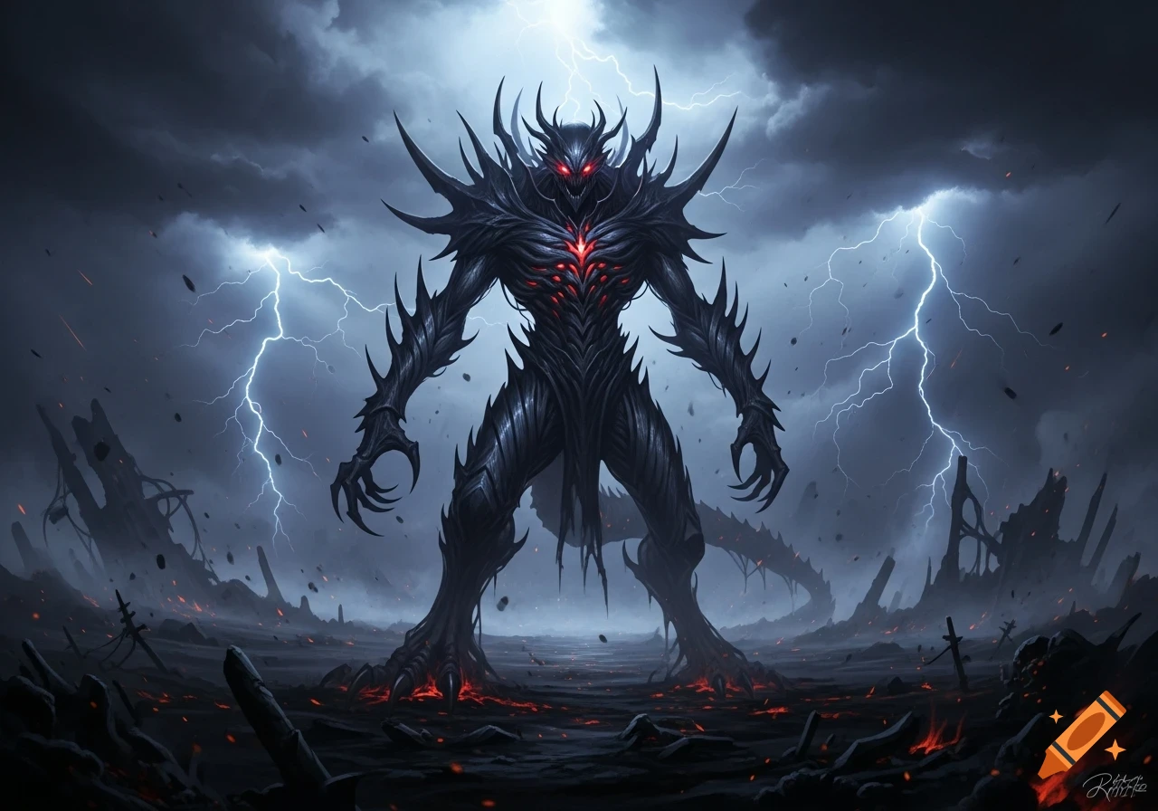 A spiky dark monster with glowing red eyes and chest stands in a desolate, stormy landscape with lightning.