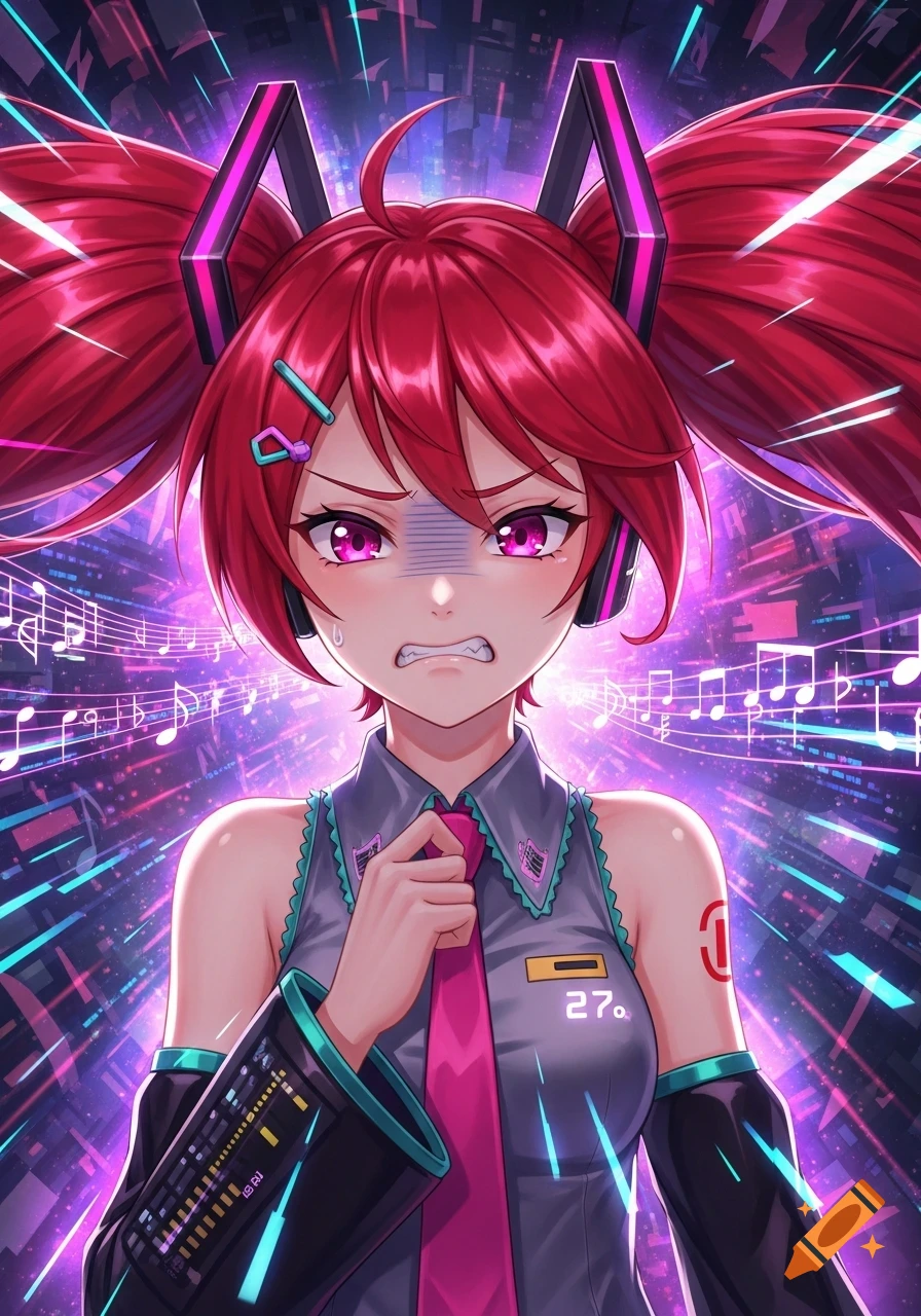 An anime character with bright red pigtails and a disgusted expression wears a gray top and pink tie, surrounded by neon lights and musical notes.