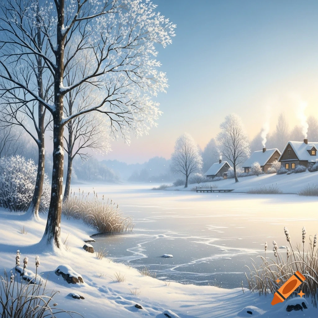 A serene winter landscape featuring a frozen lake, snow-covered trees, and cozy houses with smoke from chimneys.