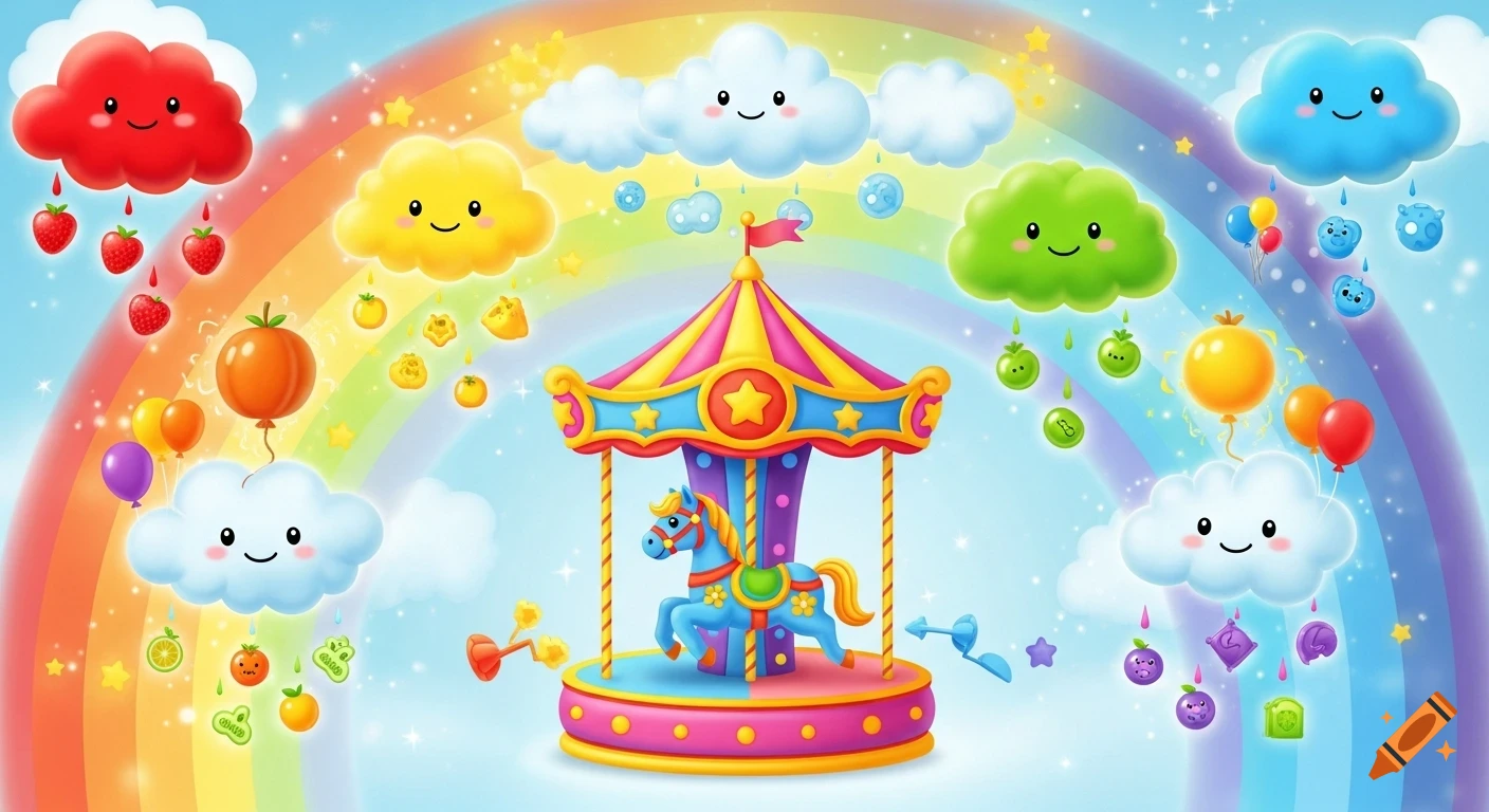 A vibrant cartoon scene with a colorful carousel, smiling clouds raining various fruits, and a bright rainbow against a light blue sky.