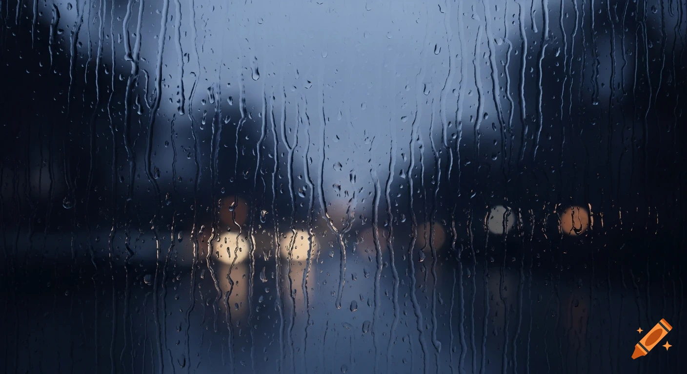 Photorealistic close-up of raindrops on a window at night, with blurry streetlights in the background.