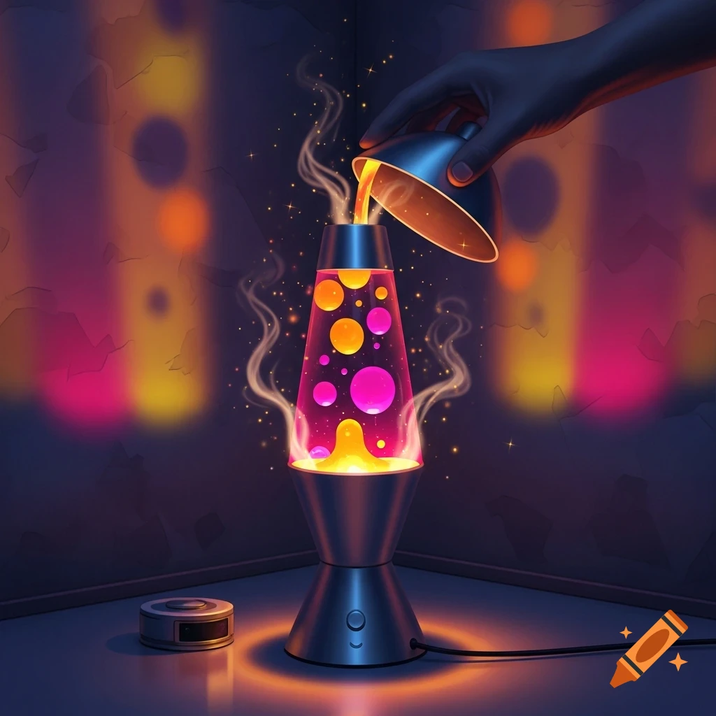A hand pours glowing orange liquid into a vibrant, neon lava lamp casting colorful reflections in a dark room.