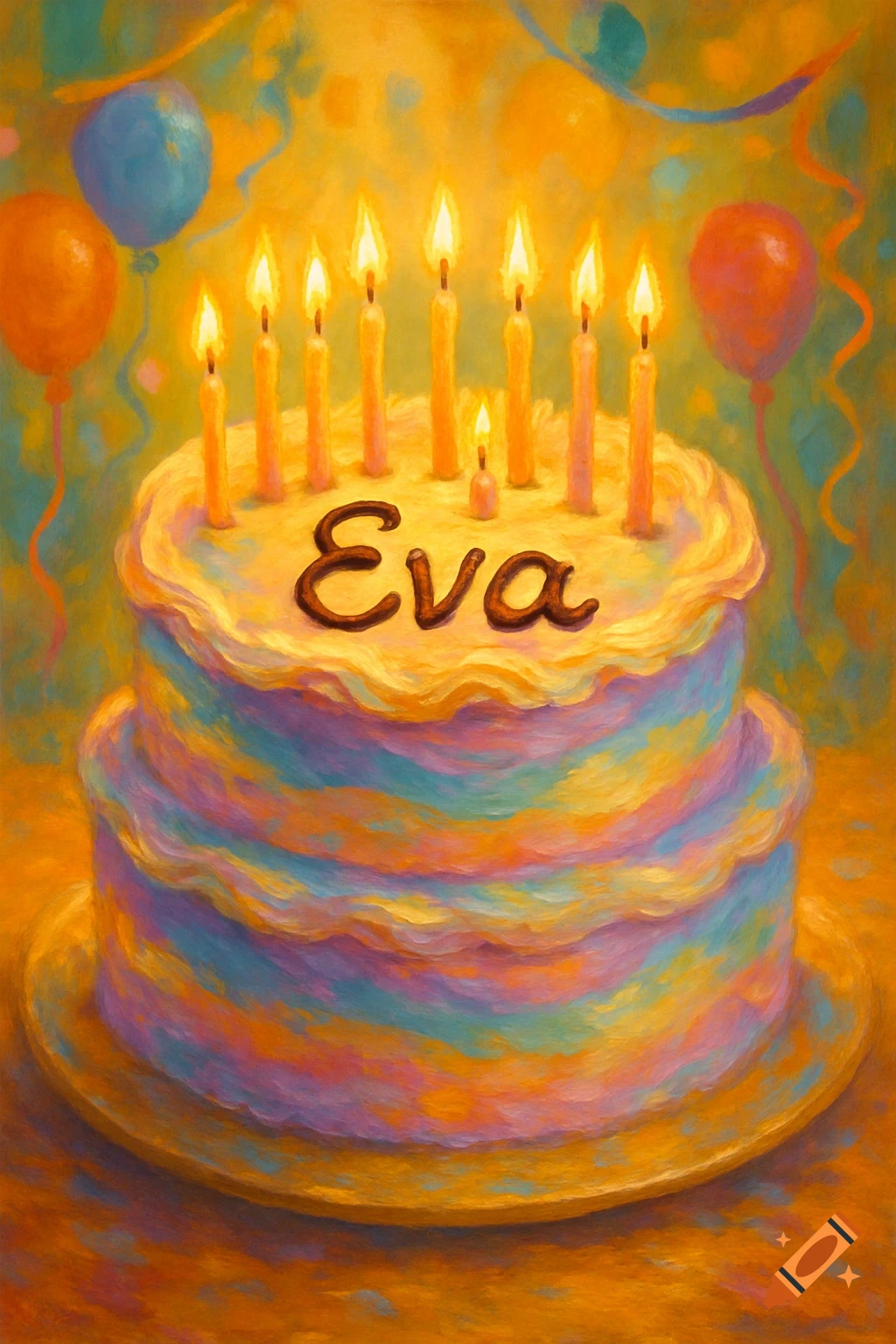 Painterly two-tiered birthday cake with lit candles and 'Eva' written on top, surrounded by balloons.