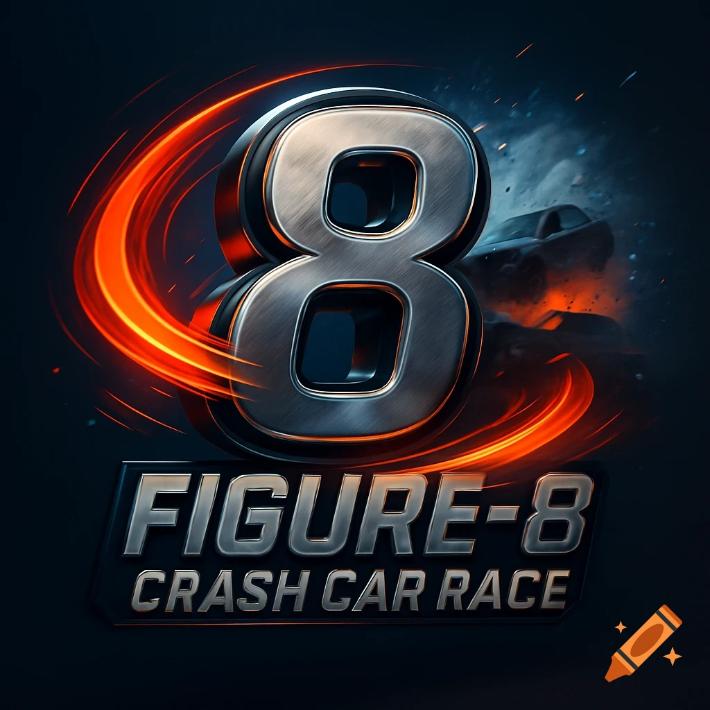 Dynamic 3D logo with a metallic '8', fiery swirls, and text 'FIGURE-8 CRASH CAR RACE' over blurred cars.