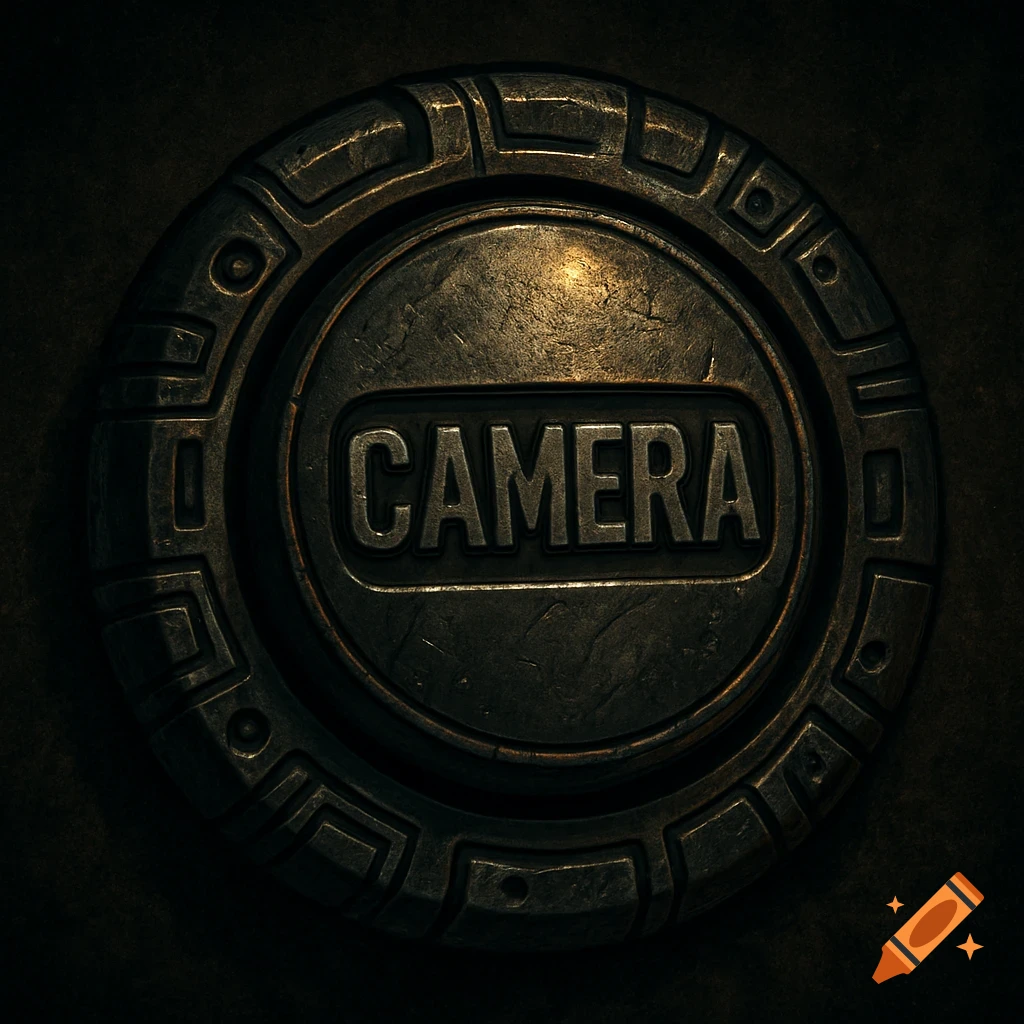 A close-up of a dark, textured metallic button with the word 'CAMERA' embossed in the center, surrounded by intricate patterns.