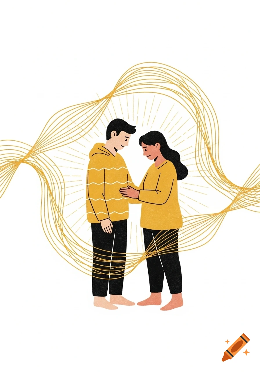 Stylized illustration of a woman comforting a man, both surrounded by golden, flowing lines on a white background.