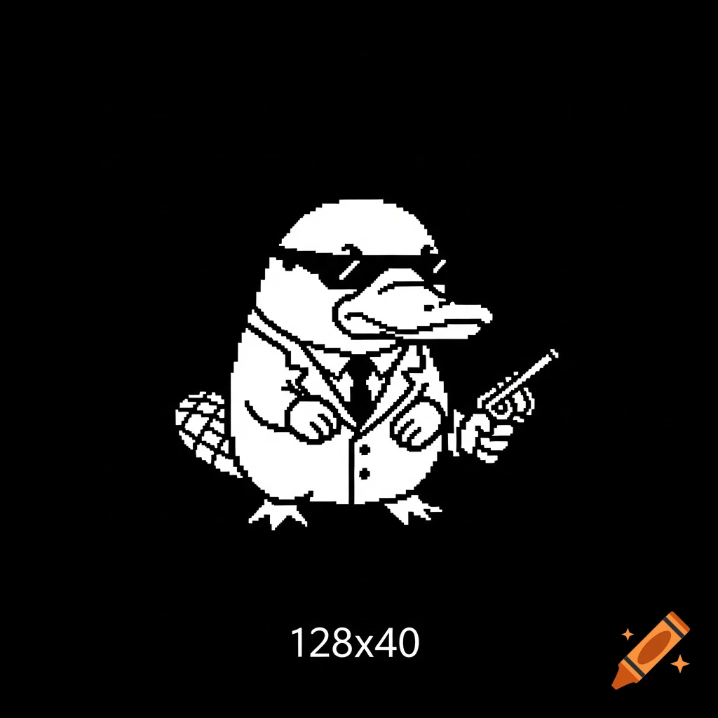 A minimalist black and white pixel art icon of a platypus secret agent wearing sunglasses and a suit, holding a small gun on a dark background.