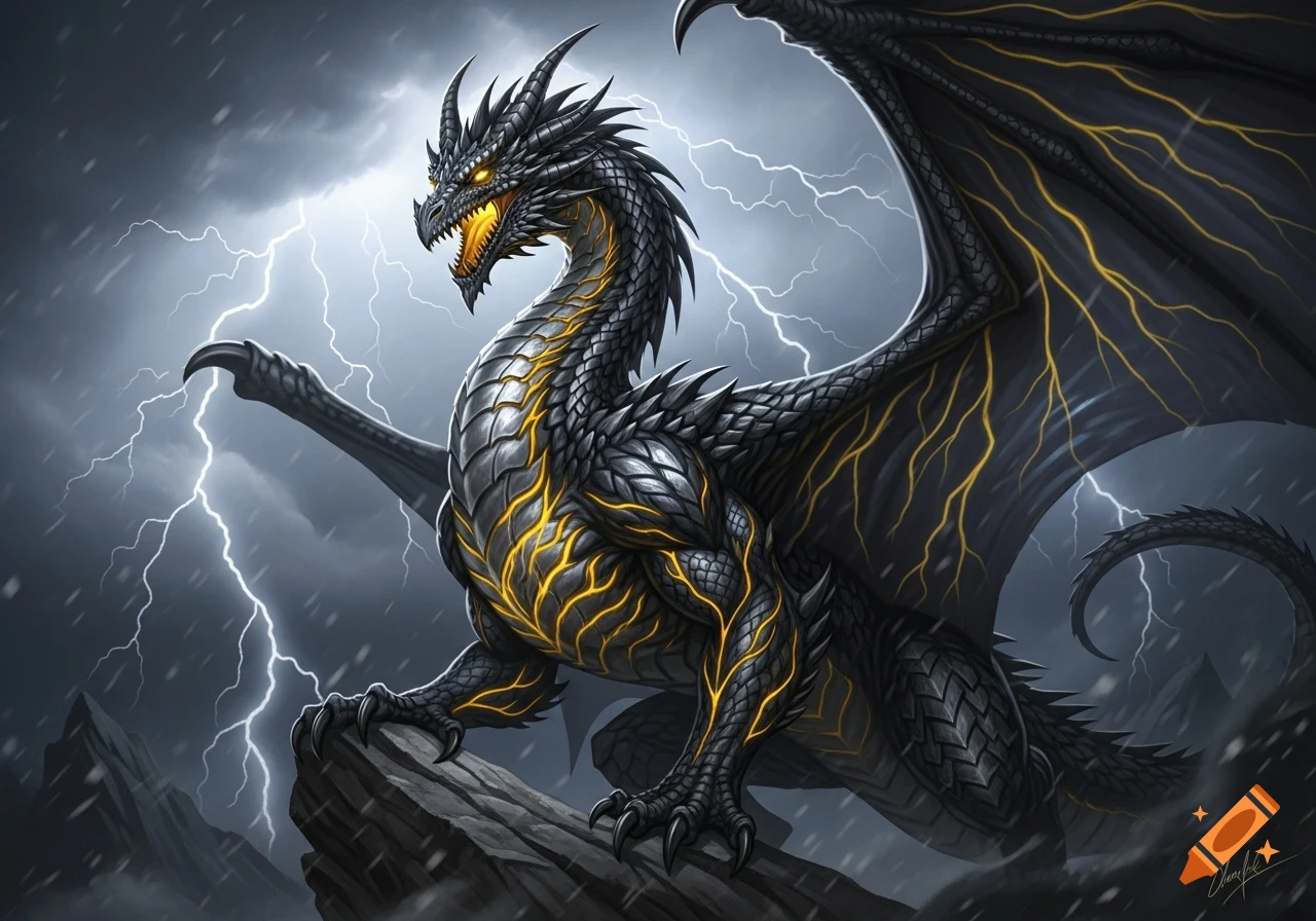 A large, intimidating black and silver dragon with glowing yellow eyes and veins, stands on a rock in a dark, stormy landscape with lightning.