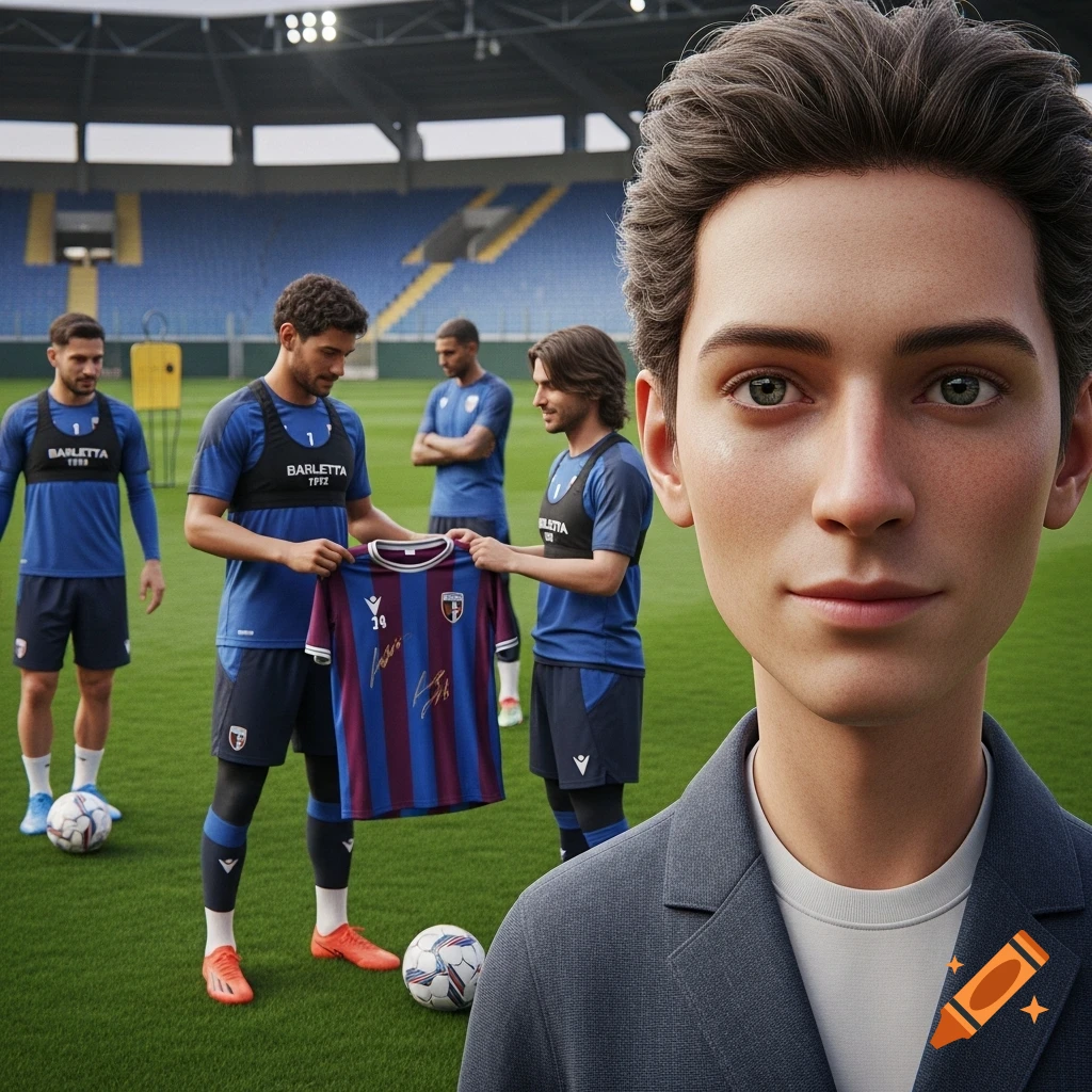 Close-up of a person with a stylized, realistic face, with several soccer players in blue uniforms holding a striped jersey on a field in a stadium in the background.