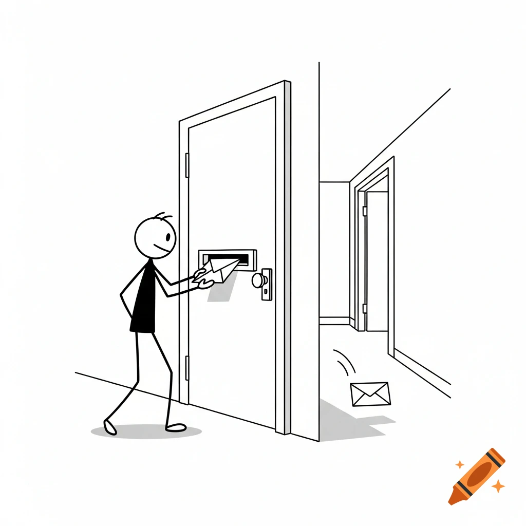 A black and white stick figure illustration of a person putting a letter into a mail slot on a door.
