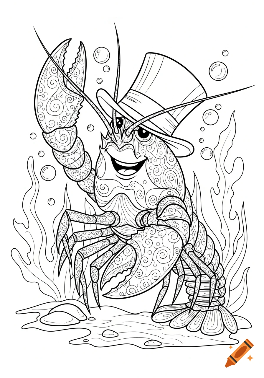 A smiling cartoon crawfish wearing a top hat with bubbles and seaweed in a black and white coloring page style.