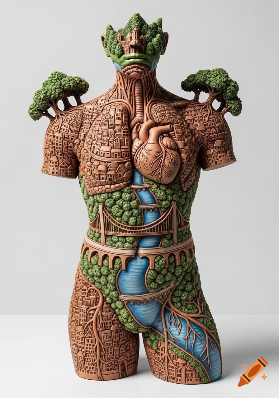 A conceptual sculpture of a human torso, with its anatomy replaced by a city, featuring buildings, rivers, bridges, and green landscapes.