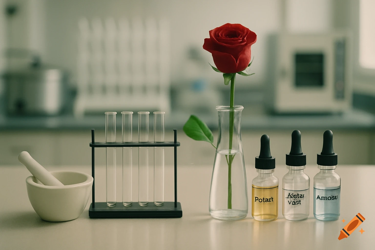 A still life of laboratory equipment with test tubes, mortar, a red rose in a flask, and three dropper bottles on a table.