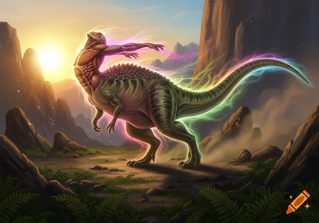 A muscular human torso transforms into a green dinosaur, glowing with a rainbow aura in a prehistoric sunset landscape.