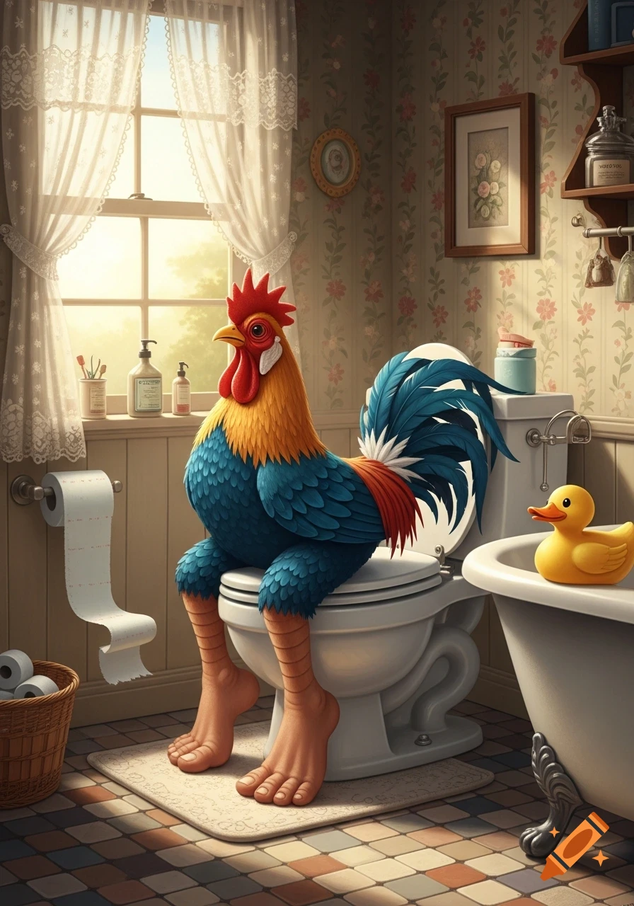 A whimsical, colorful rooster with human feet sits on a toilet in a sunlit, vintage bathroom with a rubber duck.