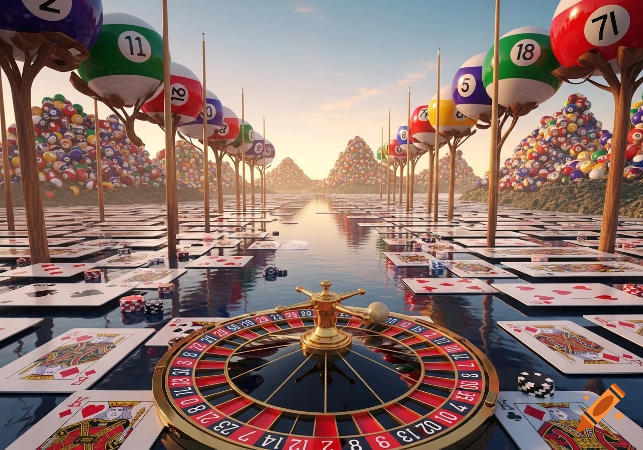 A surreal landscape featuring a river of playing cards, mountains of billiard balls, and a central roulette wheel.