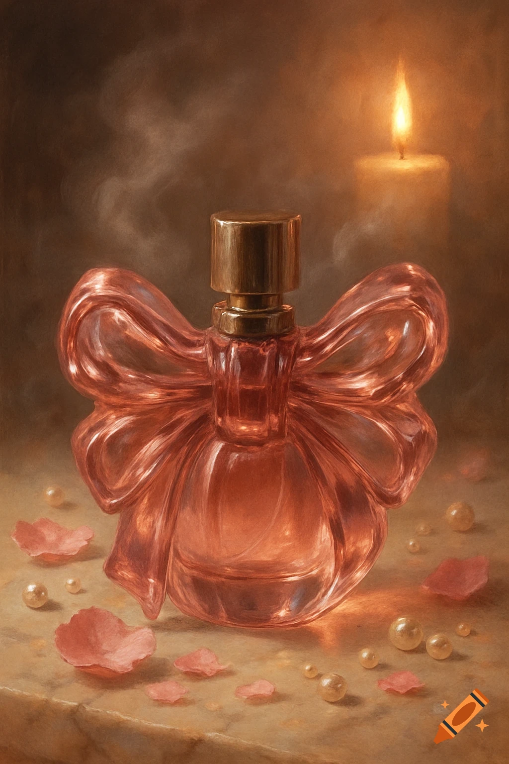 A pink, bow-shaped perfume bottle with a golden cap sits on a surface, surrounded by scattered pink petals and pearls, illuminated by a warm candle flame in a painterly style.