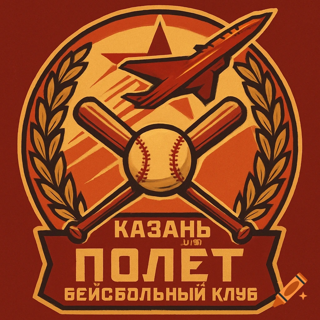 A Soviet-style logo for the Kazan Flight baseball club, featuring a red jet plane, crossed baseball bats, a baseball, a star, and wheat ears on a red and orange background. Russian text reads 'Kazan Flight Baseball Club'.