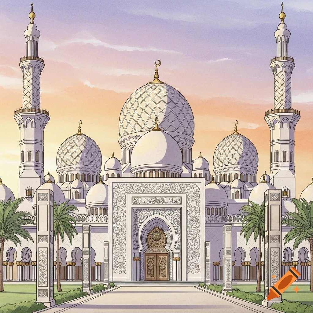 Illustration of a grand white mosque with multiple domes and minarets, surrounded by palm trees under a pastel sky.