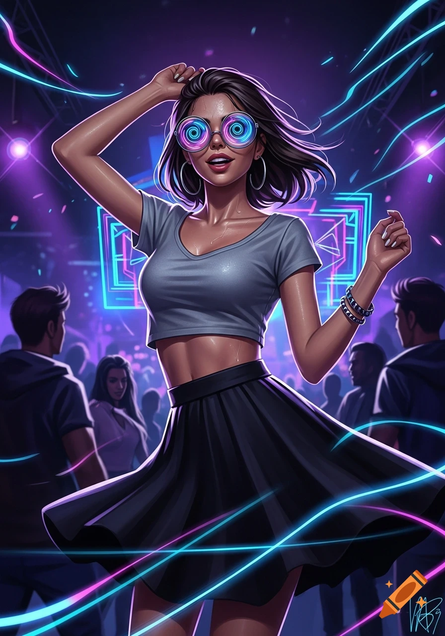Digital illustration of a girl in round, swirling glasses dancing in a vibrant nightclub.
