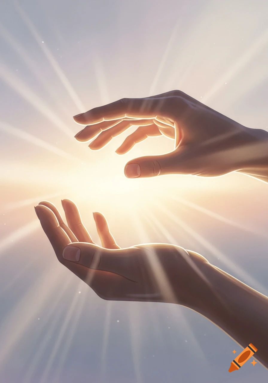 Two open hands reaching towards a radiant, glowing light with emanating rays, set against a soft, light-colored sky in an illustrated style.